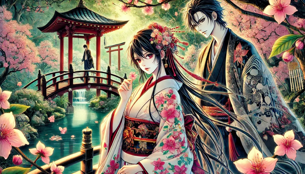 A manga The Flower of Veneration Chapter 1 illustration of a woman in a floral kimono holding a flower and a man with a contemplative expression in a lush, cherry blossom garden.