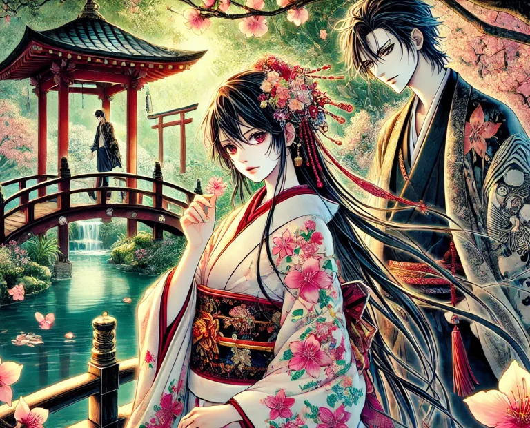 A manga The Flower of Veneration Chapter 1 illustration of a woman in a floral kimono holding a flower and a man with a contemplative expression in a lush, cherry blossom garden.