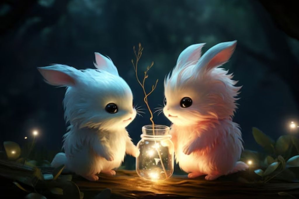 Diamond FairyBunny Two adorable fluffy rabbits sitting together in a dark forest, illuminated by a glowing jar between them. The scene is magical and serene, capturing a moment of quiet companionship.