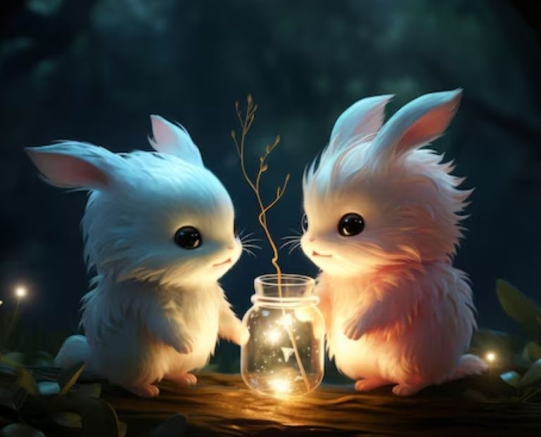 Diamond FairyBunny Two adorable fluffy rabbits sitting together in a dark forest, illuminated by a glowing jar between them. The scene is magical and serene, capturing a moment of quiet companionship.