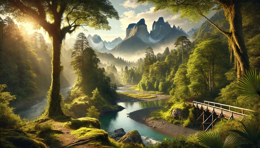 "A serene landscape of Uncuymaza with lush greenery, a calm river, misty mountains, and a rustic wooden bridge."