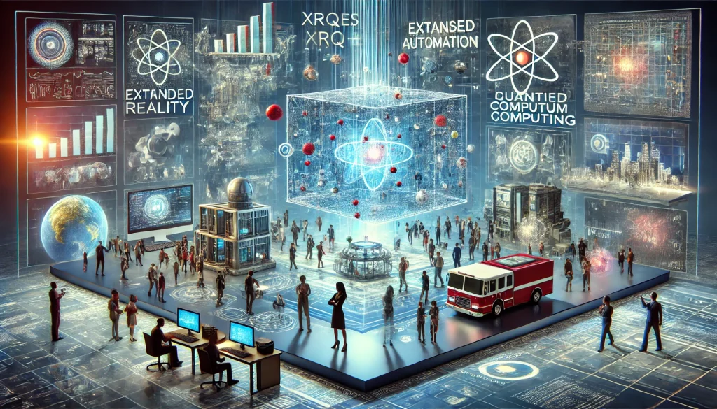 Futuristic digital environment illustrating XRQRES technology with extended reality, quantum computing, and diverse industry applications.