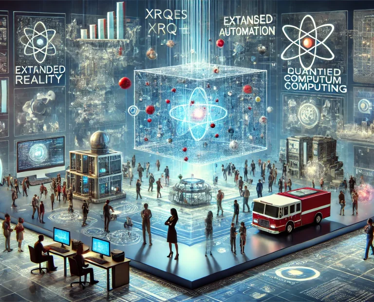 Futuristic digital environment illustrating XRQRES technology with extended reality, quantum computing, and diverse industry applications.