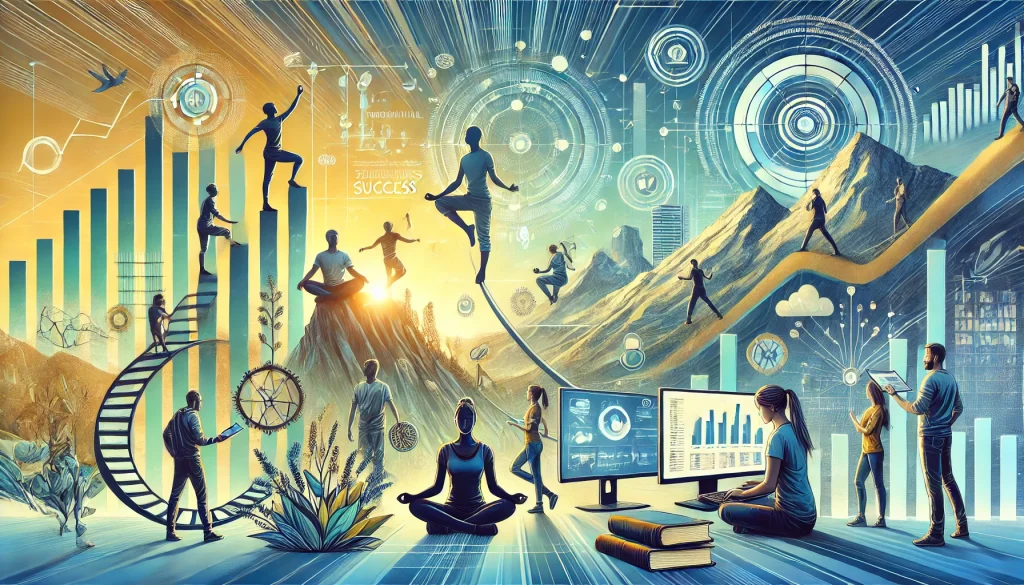 Illustration BetterThisWorld.com of personal growth and success in a fast-paced world, featuring diverse individuals meditating, climbing, and collaborating."