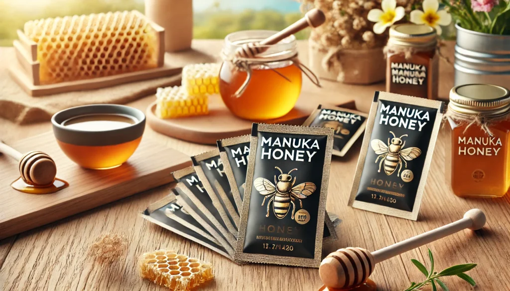 "Manuka honey packets with a jar of honey and honey dipper, highlighting their portability and convenience for on-the-go use."