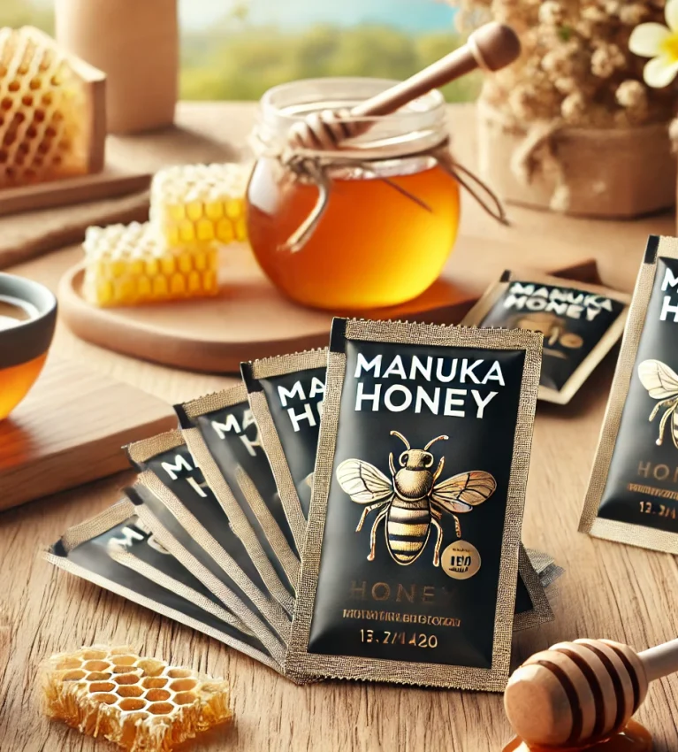 "Manuka honey packets with a jar of honey and honey dipper, highlighting their portability and convenience for on-the-go use."