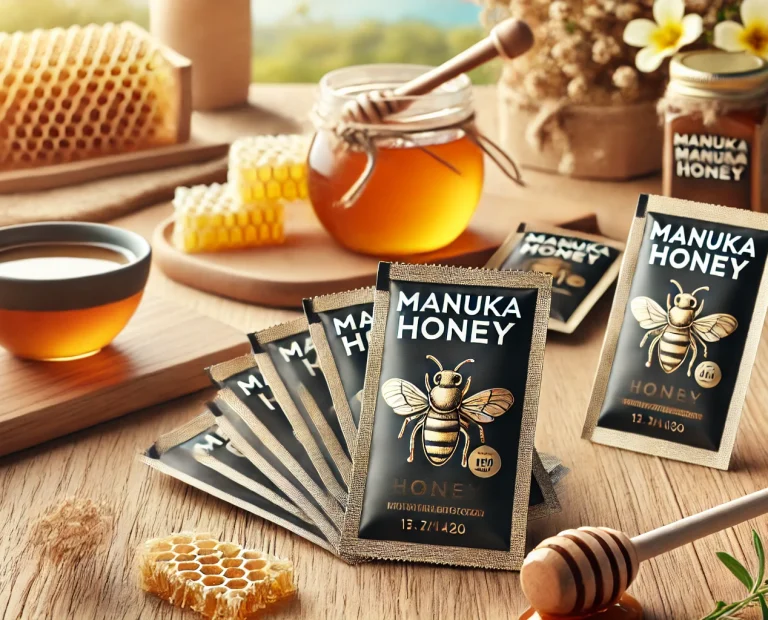 "Manuka honey packets with a jar of honey and honey dipper, highlighting their portability and convenience for on-the-go use."