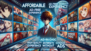 "Anime character in front of a digital display promoting Kaido To, highlighting ad-free, affordable streaming with diverse anime content."