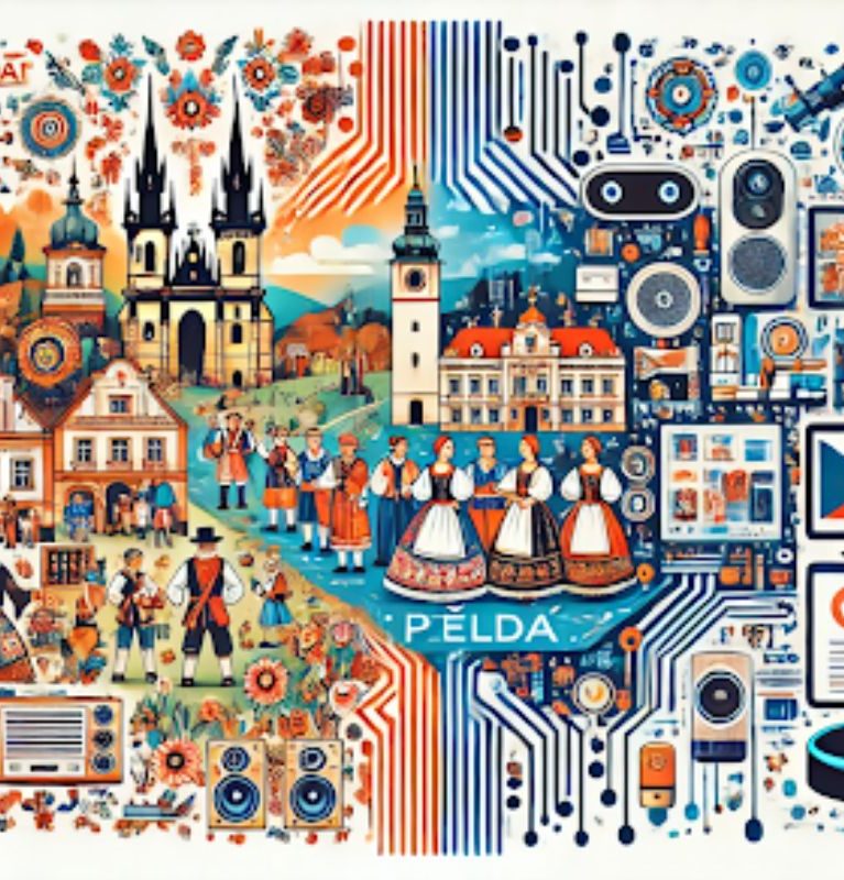 Illustration Přeldač blending Czech culture with modern technology, featuring traditional folk customs, communal events, AI translation, and smart home gadgets.