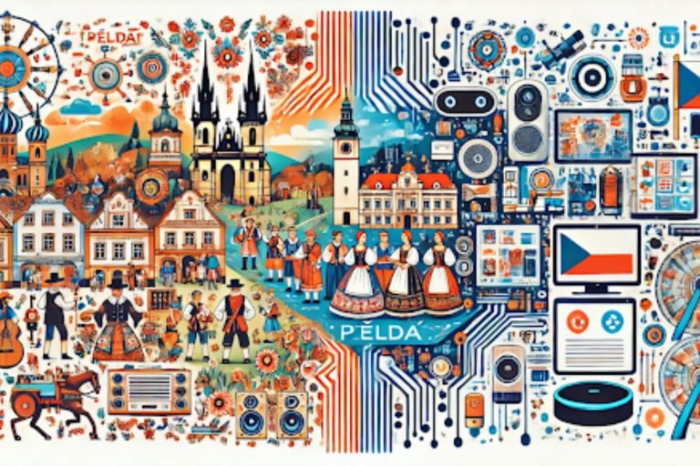 Illustration Přeldač blending Czech culture with modern technology, featuring traditional folk customs, communal events, AI translation, and smart home gadgets.