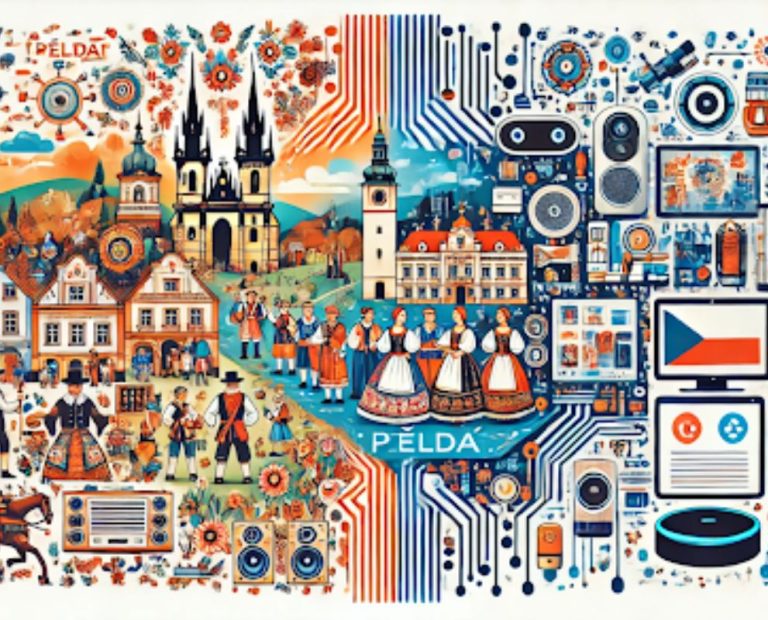 Illustration Přeldač blending Czech culture with modern technology, featuring traditional folk customs, communal events, AI translation, and smart home gadgets.