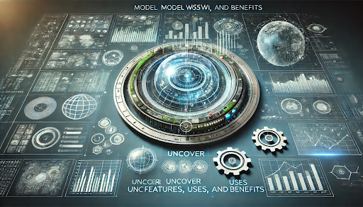 Futuristic digital interface showcasing model WG5WI with data charts, gears, and planetary visuals highlighting features and benefits.